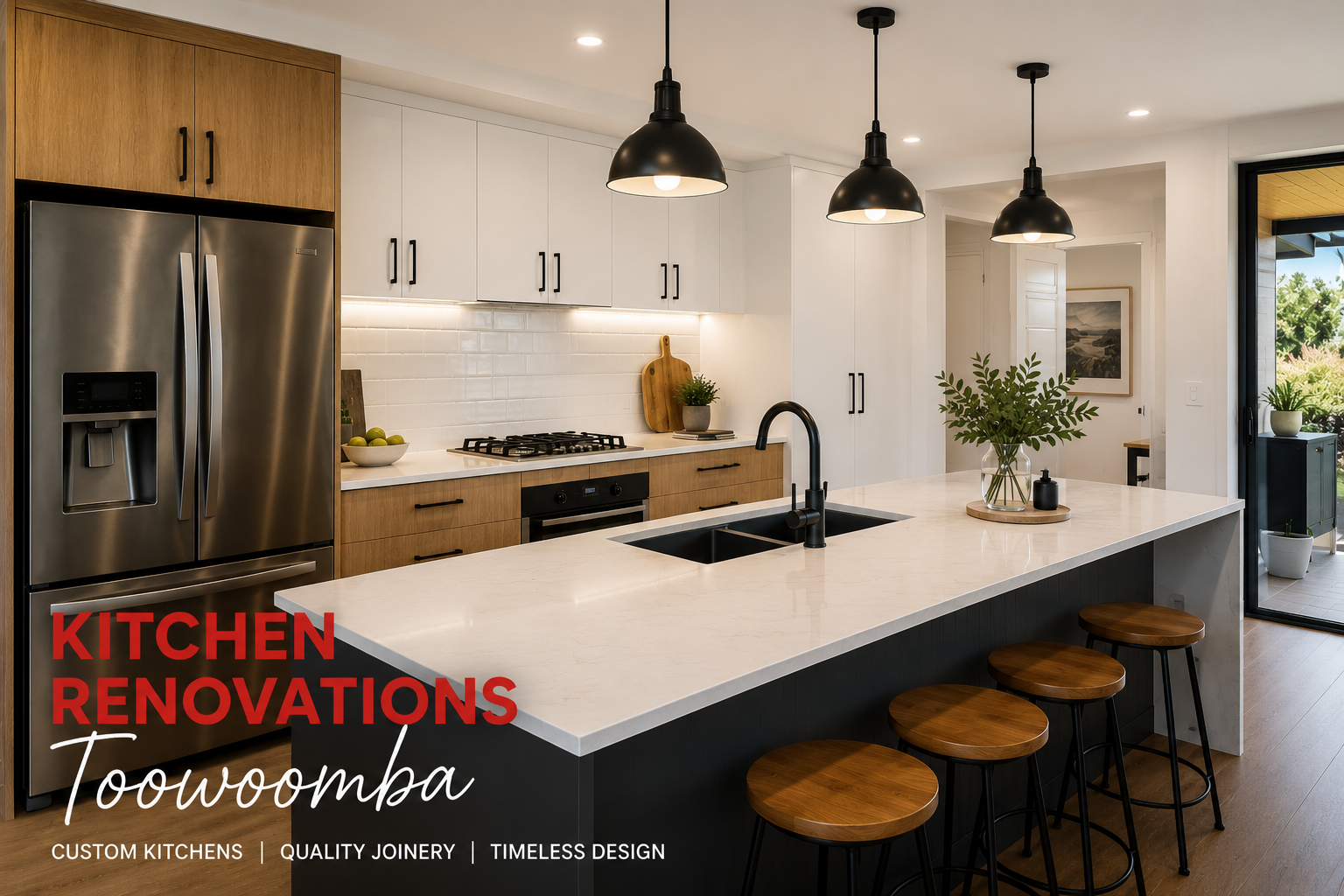 Modern kitchen renovation in Toowoomba with custom cabinetry and stone benchtops